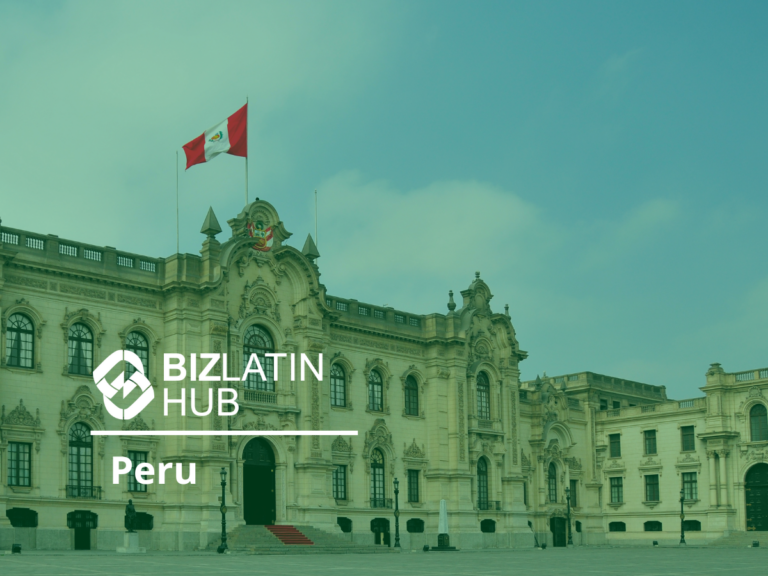 A historic building with ornate architecture under a blue sky. The building has flags on its roof, including the flag of Peru. The text "BIZLATIN HUB Peru: Shelf Companies in Peru" is overlaid on the image, with the company's logo next to the text.